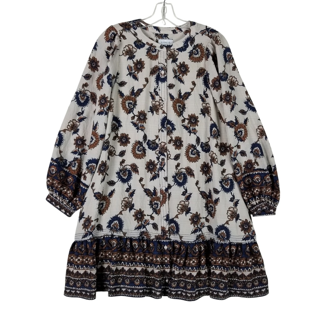 Evereve Shift Dress Womens Medium Tan Blue Floral Ruffle Hem Button Front Tunic
